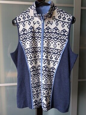 🐑Icelandic Design 100% Merino Wool Light Blue & Navy Fair Isle Zip Vest - M